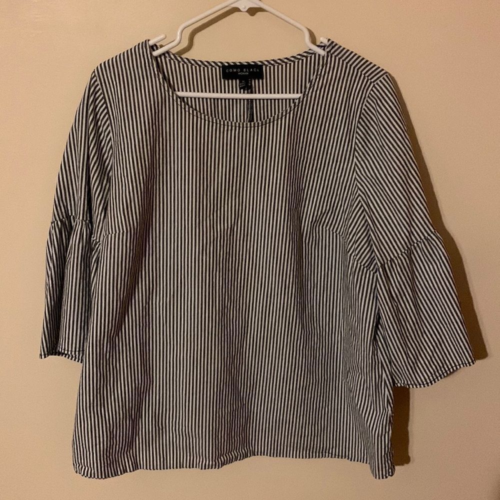 Como Black cotton top Country blue and white stripe Bell sleeves size 2x